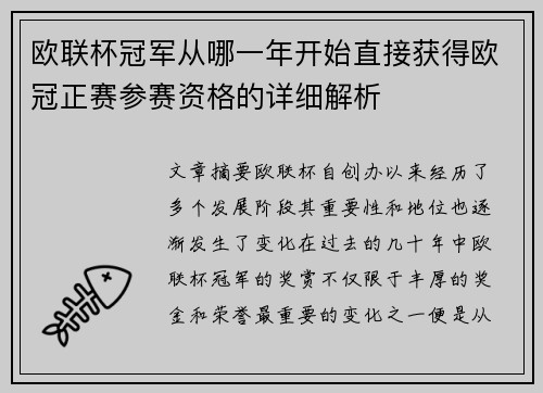 欧联杯冠军从哪一年开始直接获得欧冠正赛参赛资格的详细解析