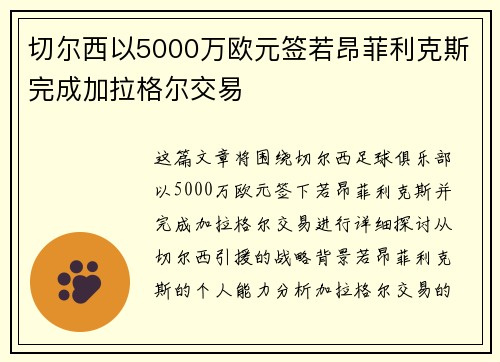 切尔西以5000万欧元签若昂菲利克斯完成加拉格尔交易